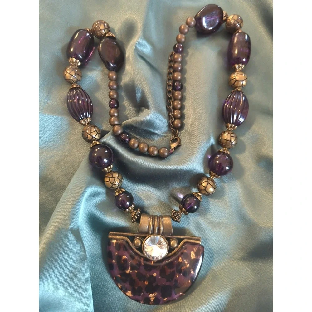Aldo Signed Large Pendant Necklace Art Deco Inspired Purples Bronze Eye Catcher